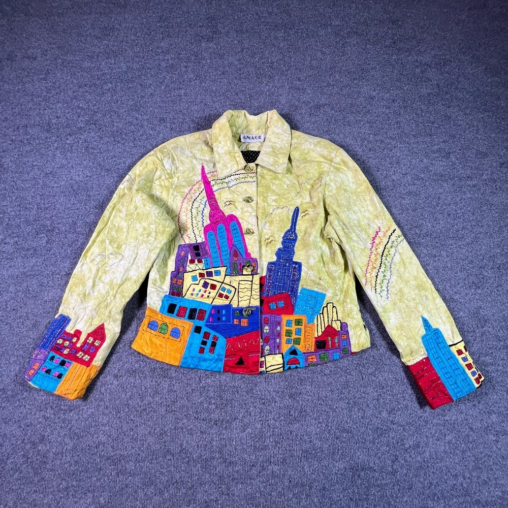 Anage Basic Jacket Women's M Yellow Cityscape Embroidered Collared Button-Up